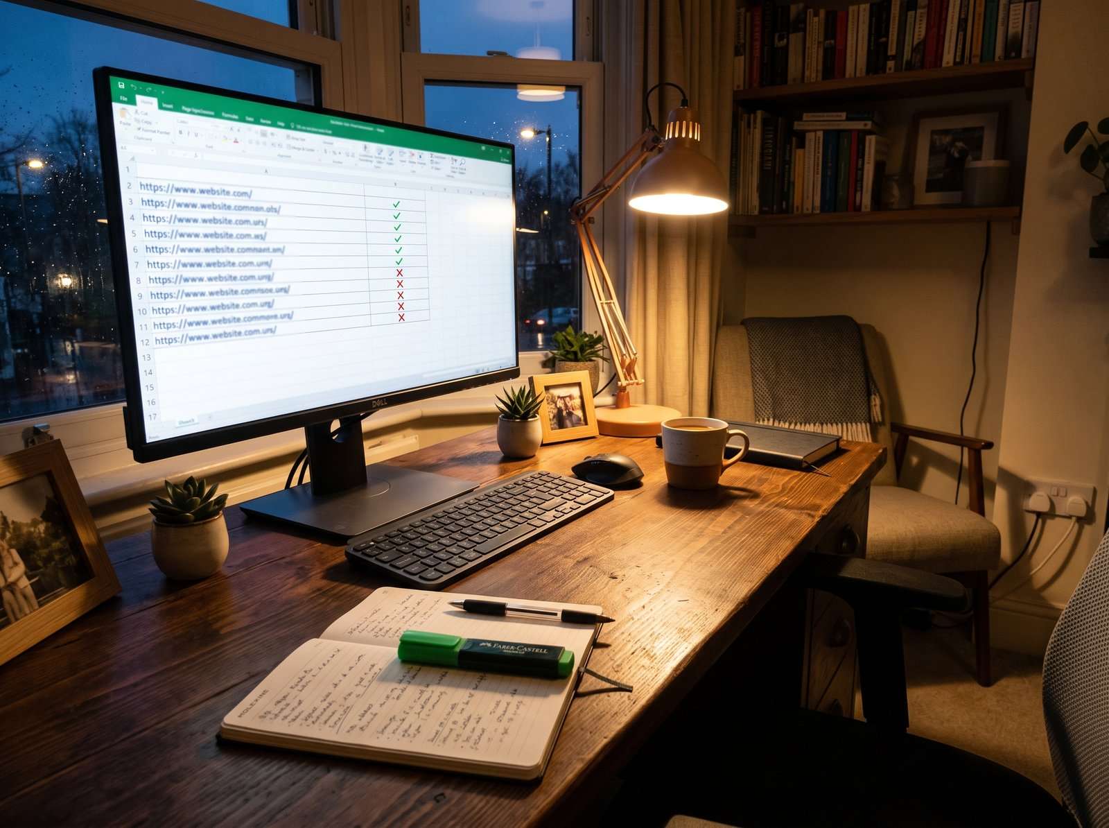 A UK home office at dusk, a monitor showing a spreadsheet of ten listicle URLs with a status column, a green highlighter pen resting on the desk