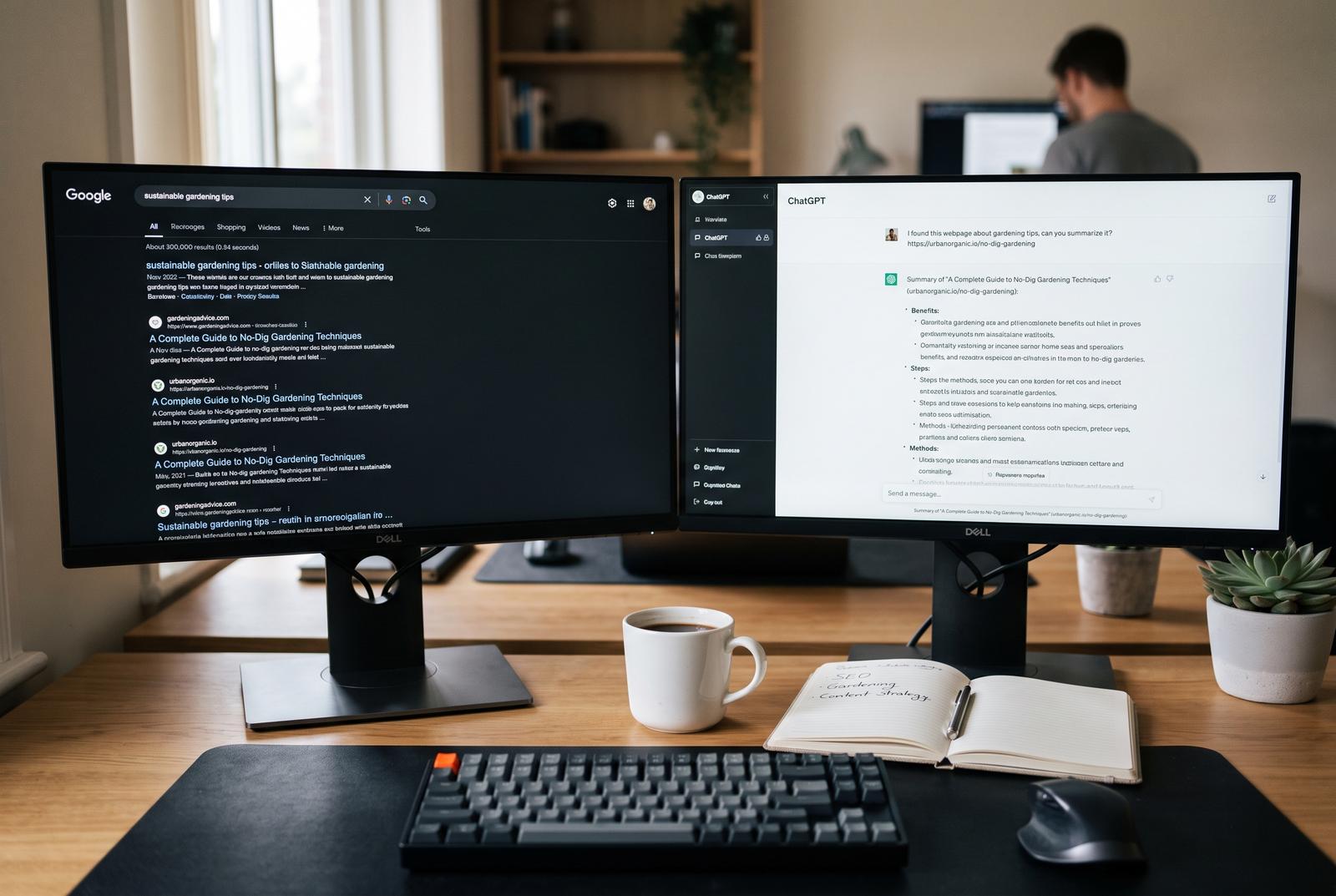Two side-by-side screens on a desk, one showing a Google search results page with a page ranked below the fold, the other showing the same page cited inside a ChatGPT answer, a coffee cup between them