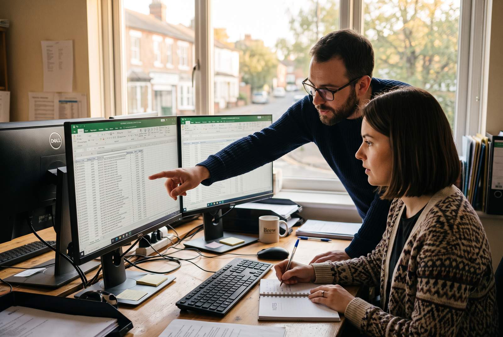 A small UK retail team reviewing a product catalogue export on two monitors in an office, afternoon light