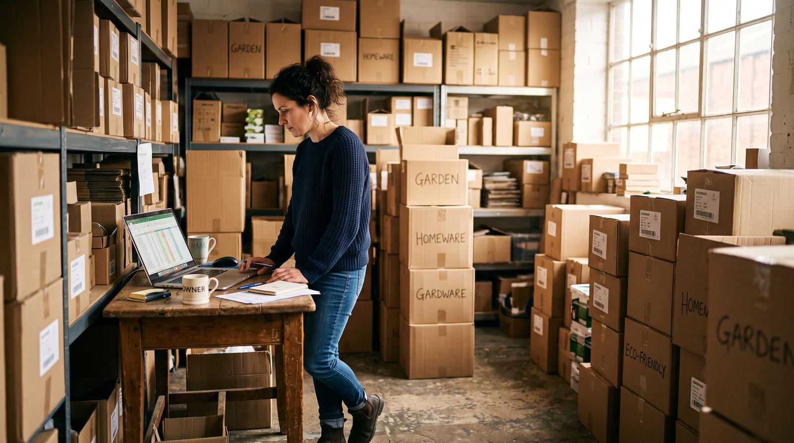 A UK independent retailer checking a product catalogue spreadsheet on a laptop in a small warehouse, morning light