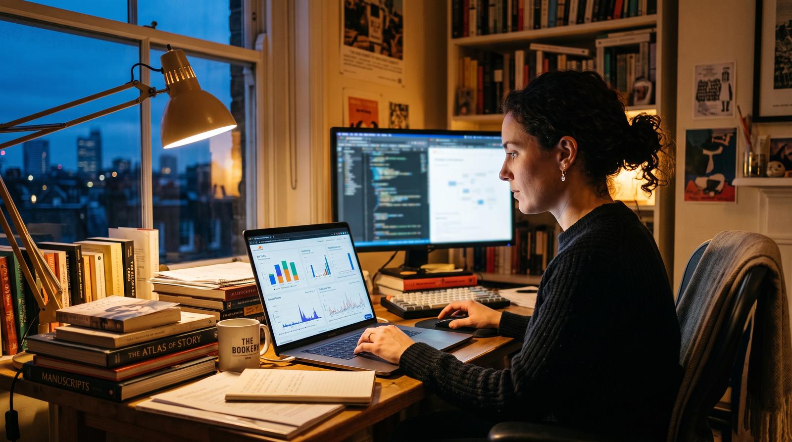 A UK publisher checking server logs on a laptop at dusk, with a Cloudflare analytics dashboard visible on a second screen showing crawler traffic