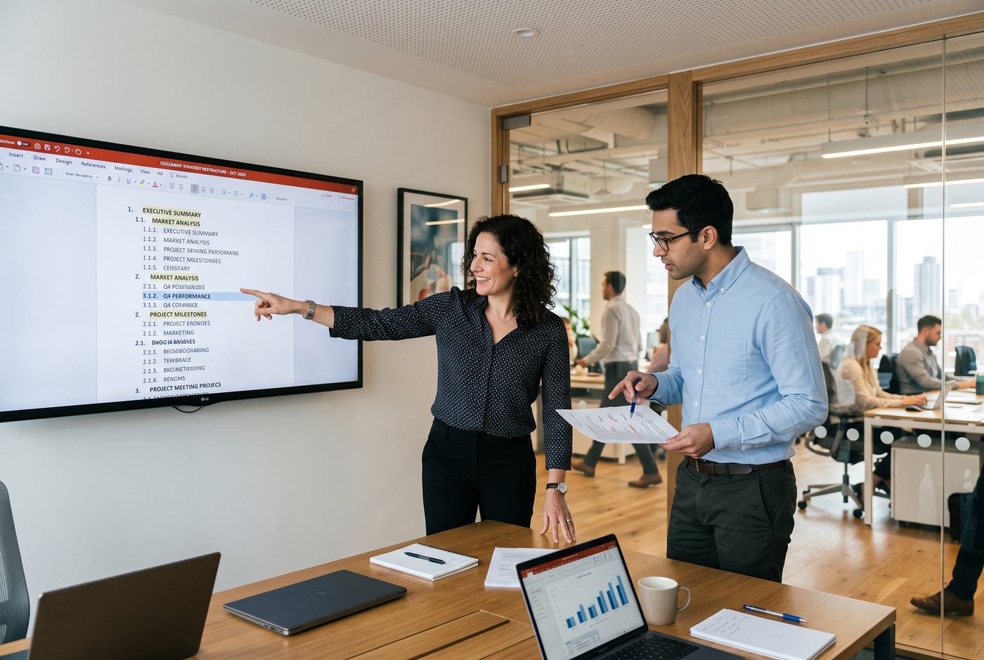 Two colleagues restructuring a PDF whitepaper's heading hierarchy on a large monitor in a glass-walled meeting room, afternoon light
