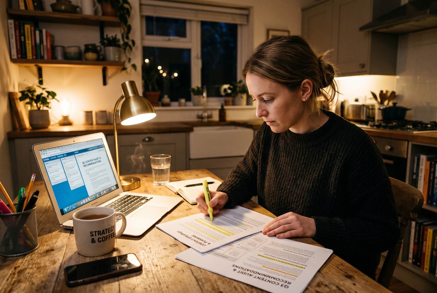 A content strategist marking up printed page headings with a highlighter at a kitchen table workspace in the evening, warm lamp light