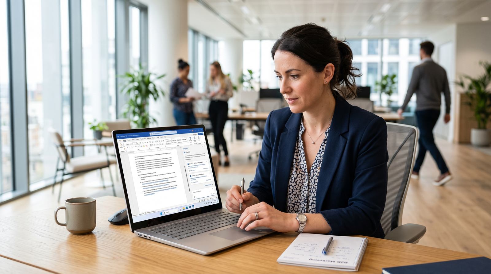 A B2B marketing manager reviewing a Microsoft 365 Copilot citation panel on a laptop in a bright open-plan office, morning light through tall windows
