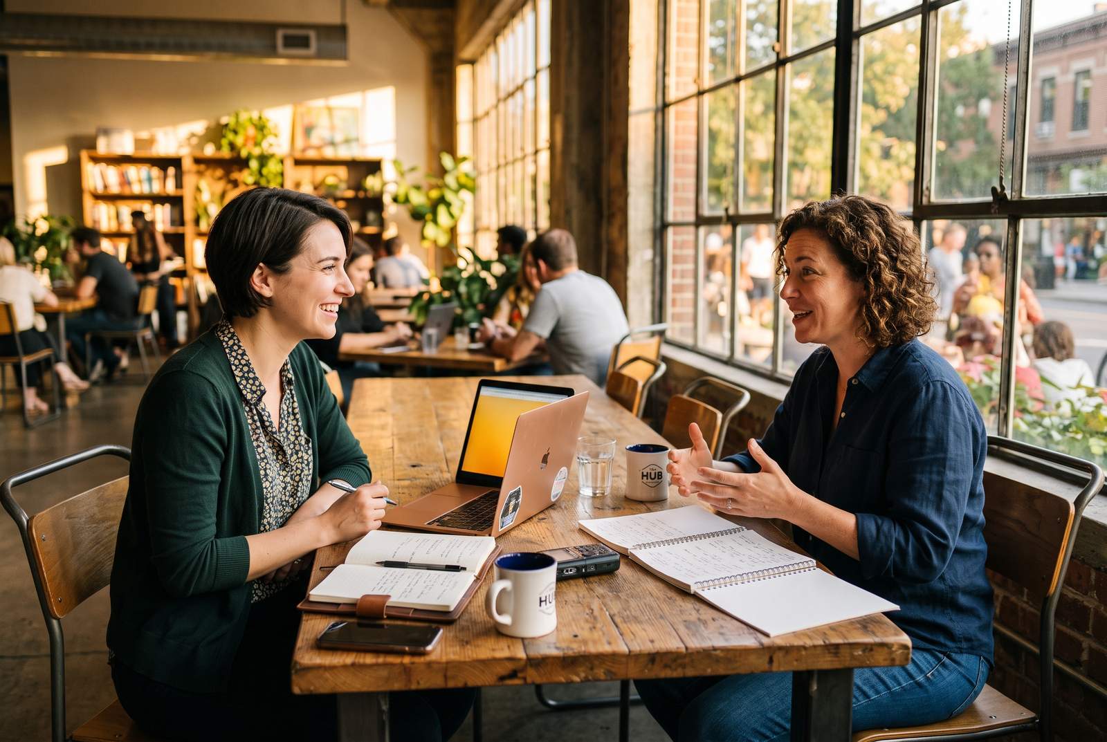 A journalist and a small business owner in conversation at a co-working space table, late afternoon light through a large window, notebooks and a laptop open between them