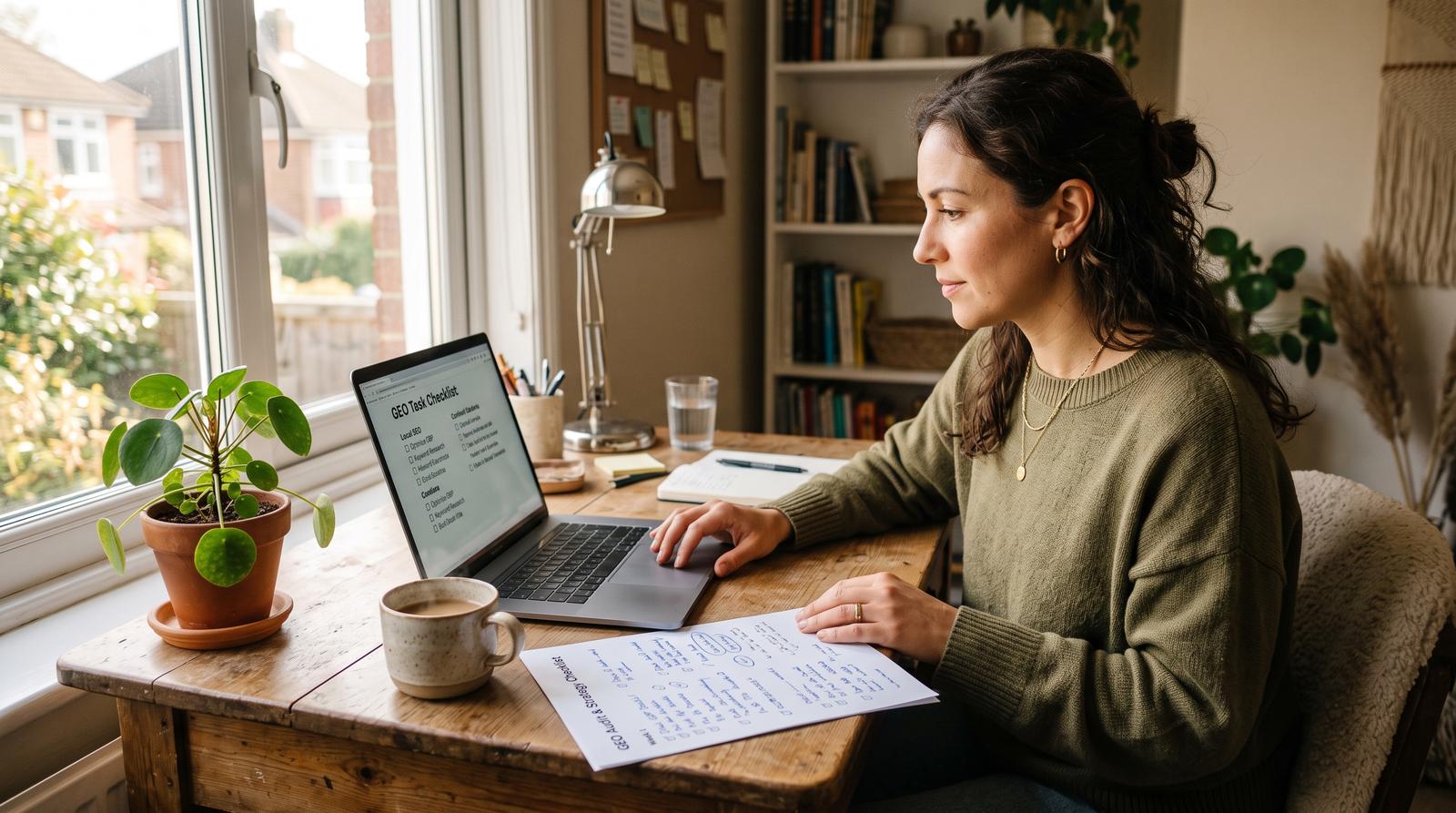 A small business founder working through a GEO task checklist on a laptop at a home office desk, early morning light, a printed audit sheet beside the keyboard