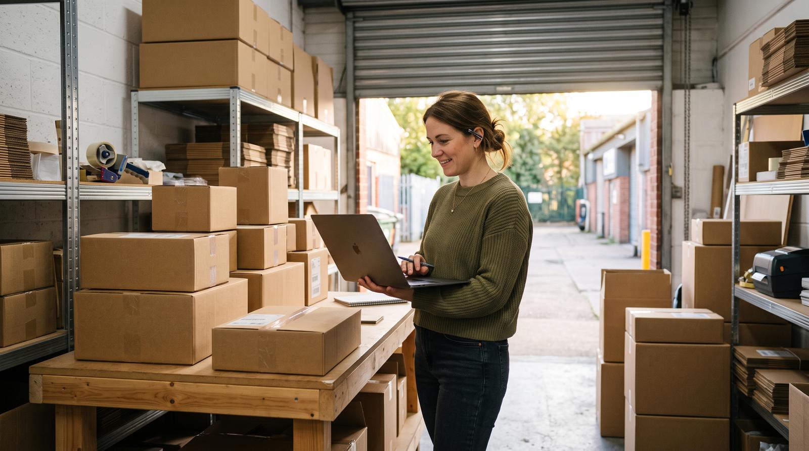 An online shop owner reviewing product listing data on a laptop beside packed cardboard boxes in a small warehouse, morning light through a roller door