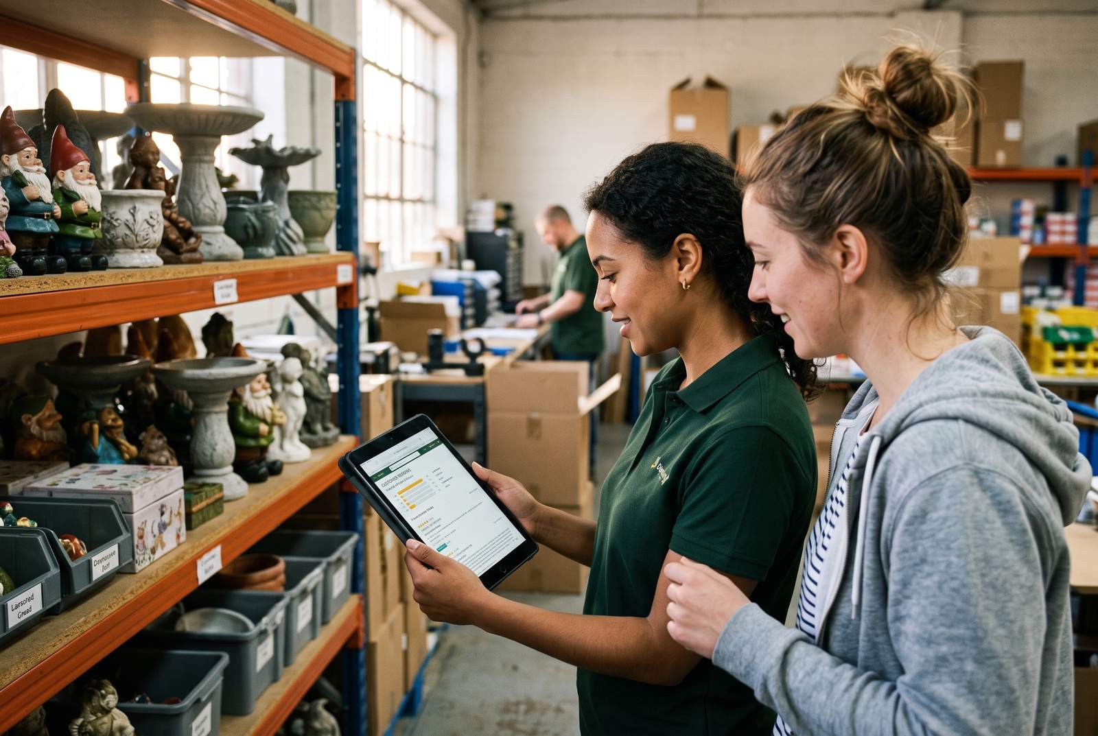 A small ecommerce team checking product review scores on a tablet next to a shelving unit stacked with garden ornament stock, afternoon light