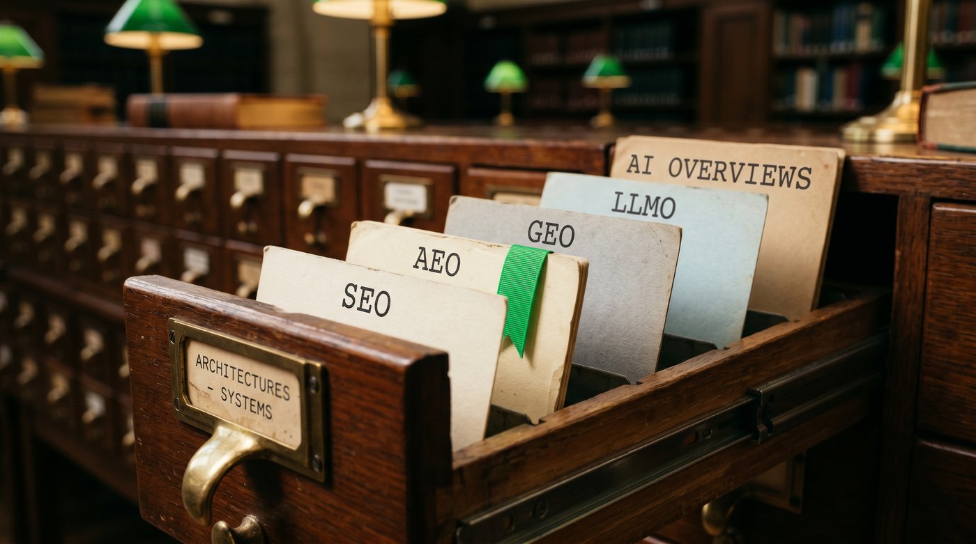 Five vintage index cards labelled SEO, AEO, GEO, LLMO and AI Overviews in a library card catalogue drawer