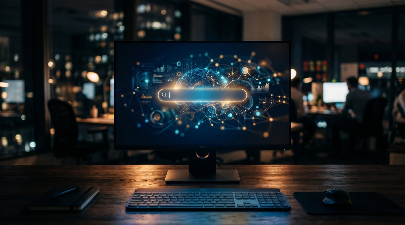 Glowing AI search interface on a moody dark monitor, the visual signature of Google's post-I/O 2026 search rebuild