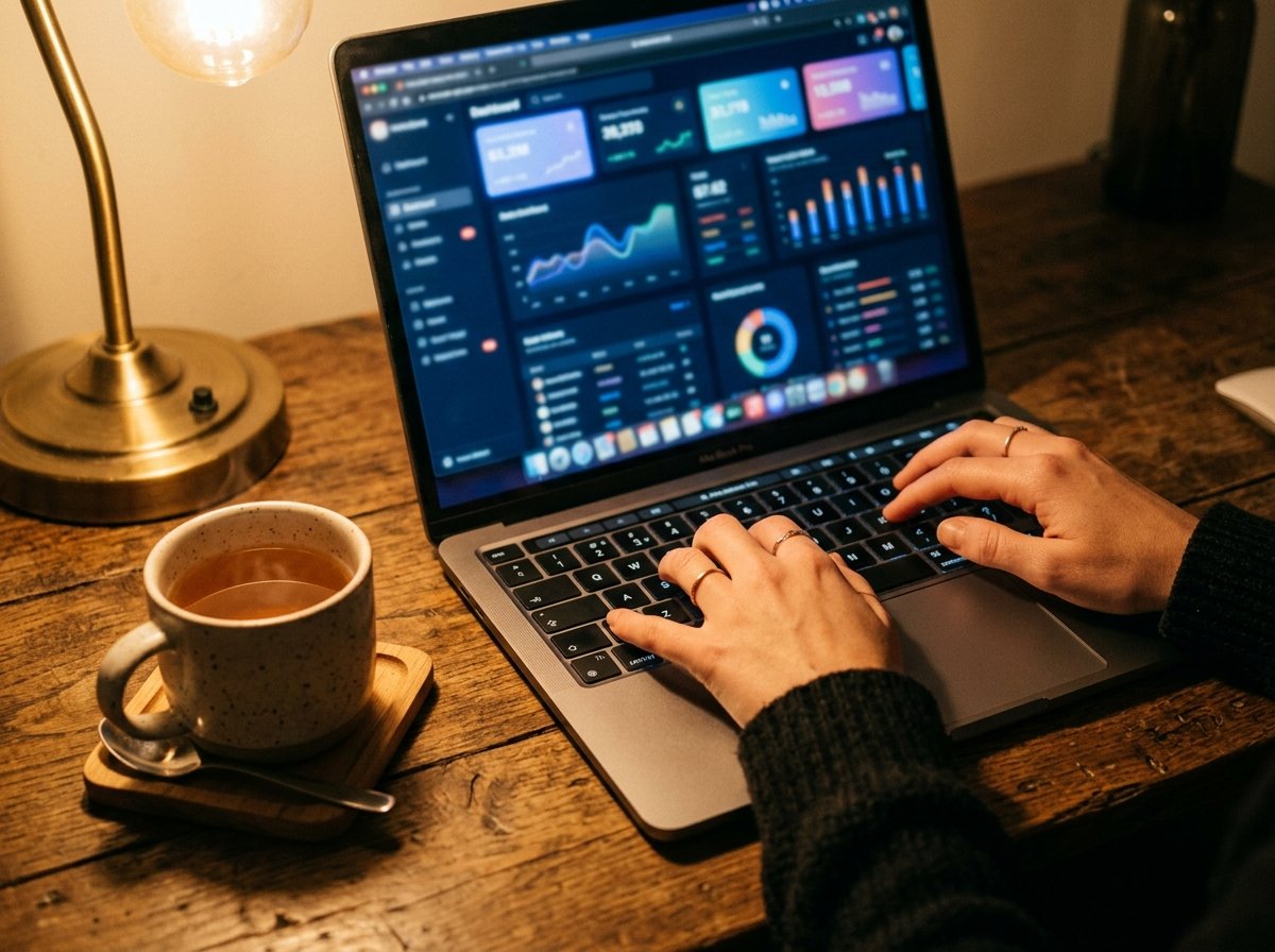 A close-up of hands typing on a laptop keyboard with a blurred Search Console dashboard visible on the screen, warm desk lamp lighting