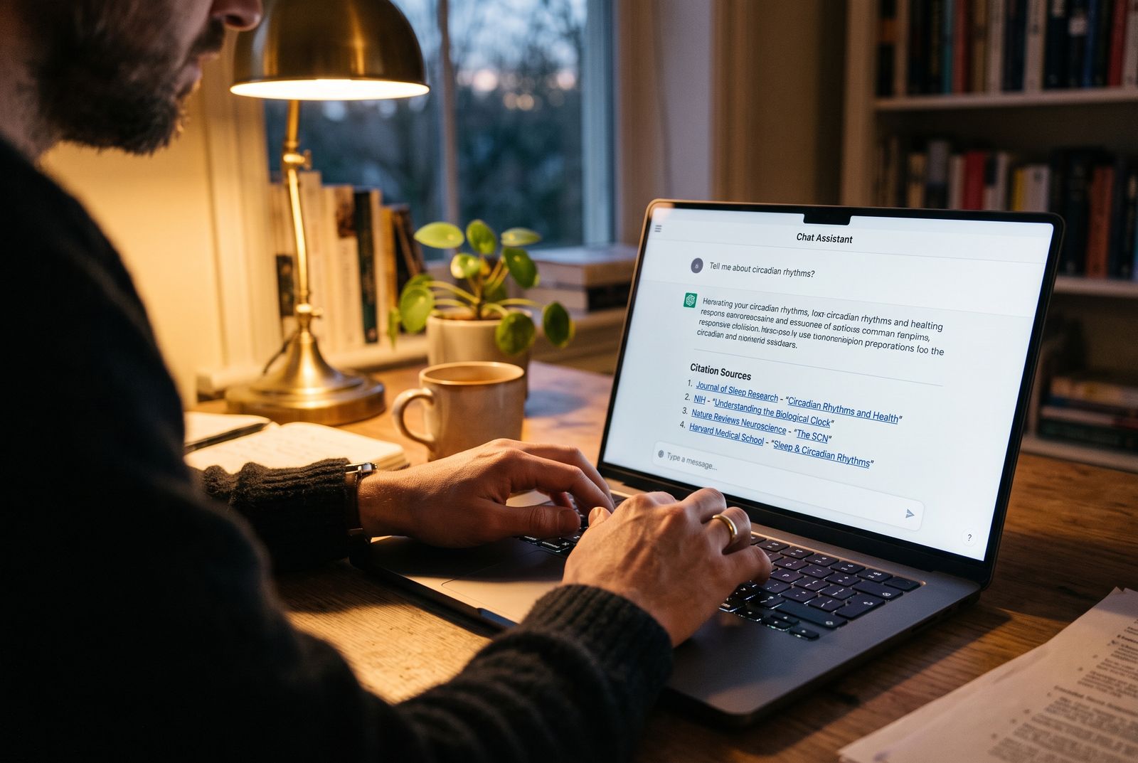 Close up over-the-shoulder view of hands typing on a laptop showing an AI chat interface with several citation source links listed, warm desk lamp lighting at dusk