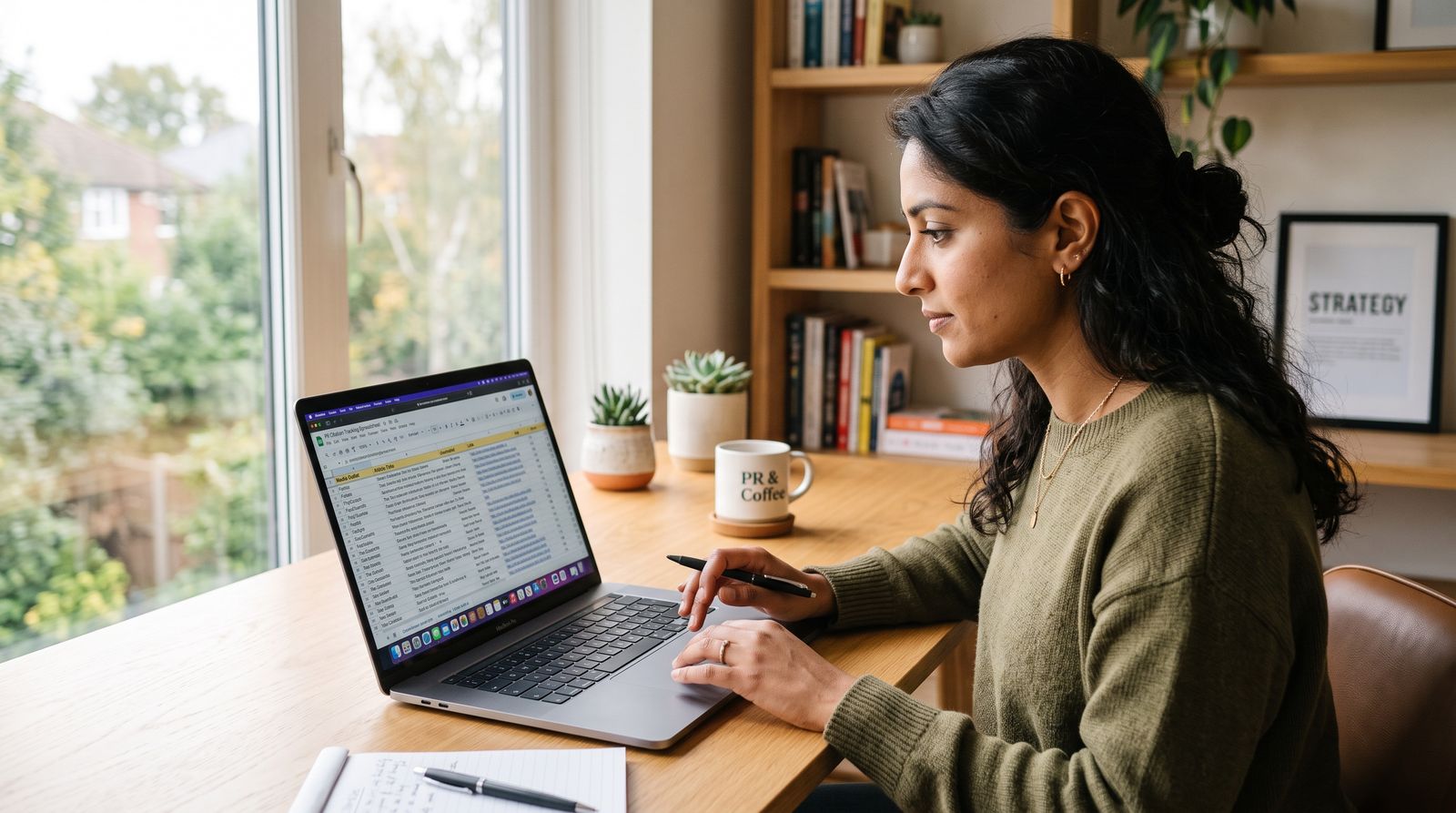 A digital PR strategist reviewing a citation tracking spreadsheet on a laptop in a bright home office, morning light