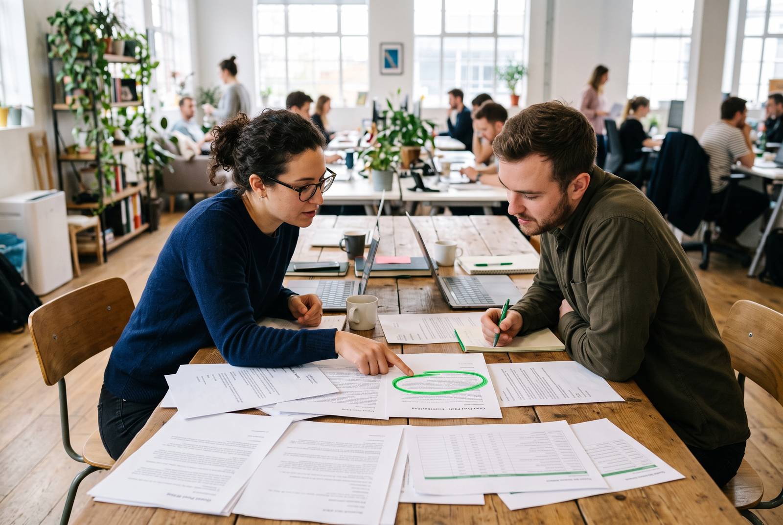 Two people reviewing printed guest post placement pitches spread across a table, one page circled in green pen, daytime office setting