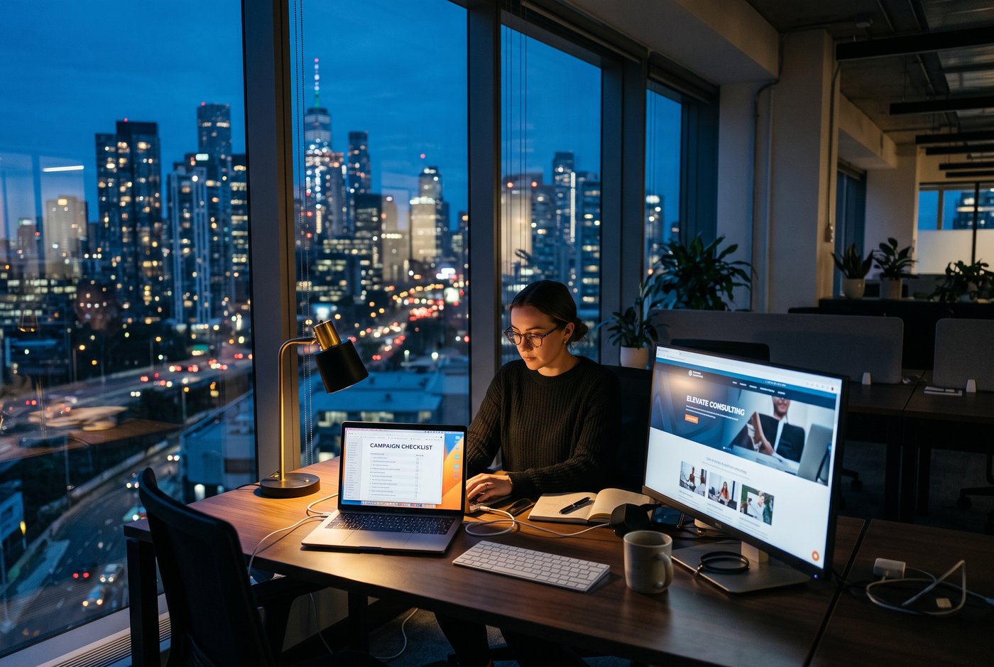A marketer running a laptop checklist against a client's homepage shown on a large office monitor, early evening, city lights visible through the window