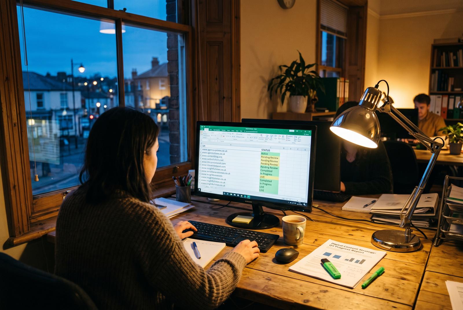 A small UK marketing office at dusk, a monitor on a desk showing a spreadsheet listing website URLs against a status column, a green highlighter pen resting beside a printed report