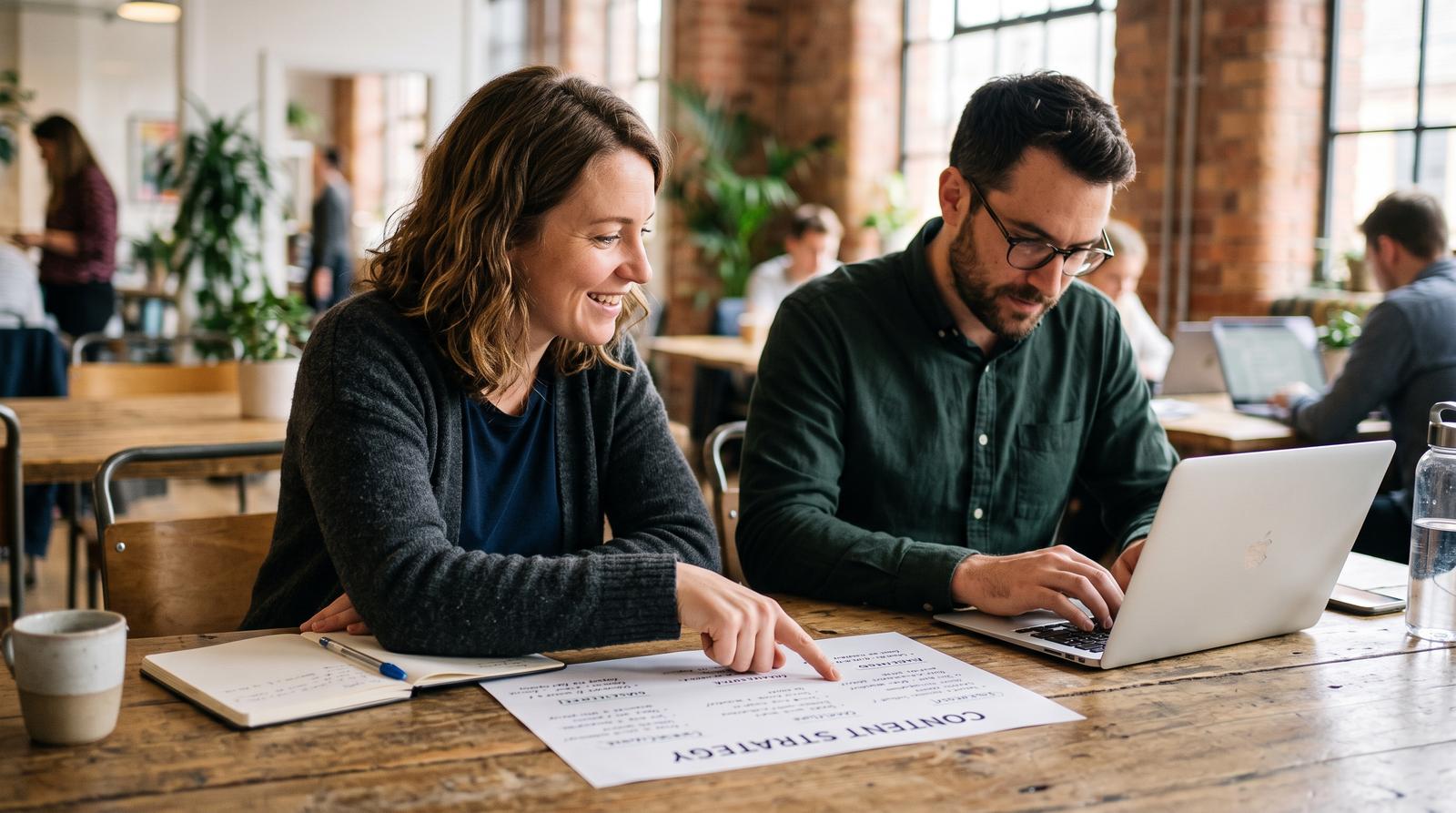 Two content strategists reviewing a printed list of sub-questions clustered under a topic heading on a conference table, afternoon light