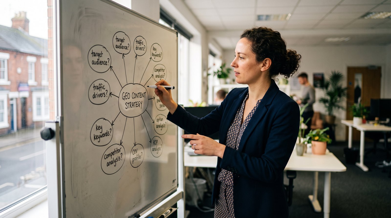 A GEO strategist mapping a spider diagram of sub-questions branching from one central query on a whiteboard, morning light