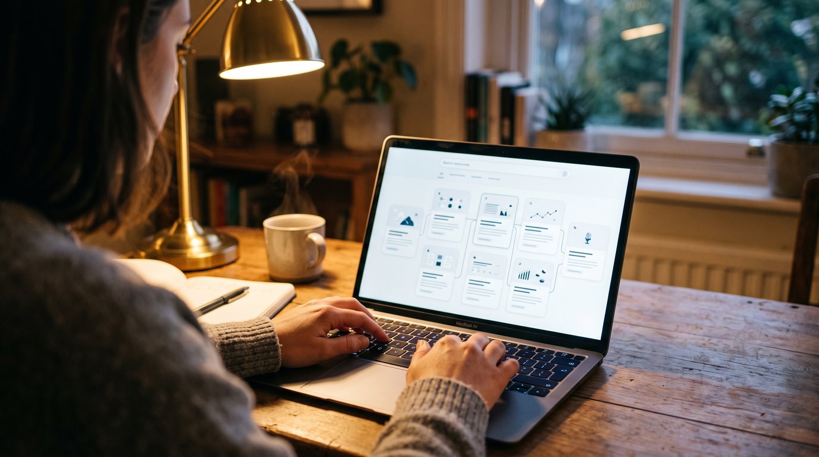 Close up over-the-shoulder view of hands typing on a laptop showing a search results interface with branching result cards, warm desk lamp lighting at dusk