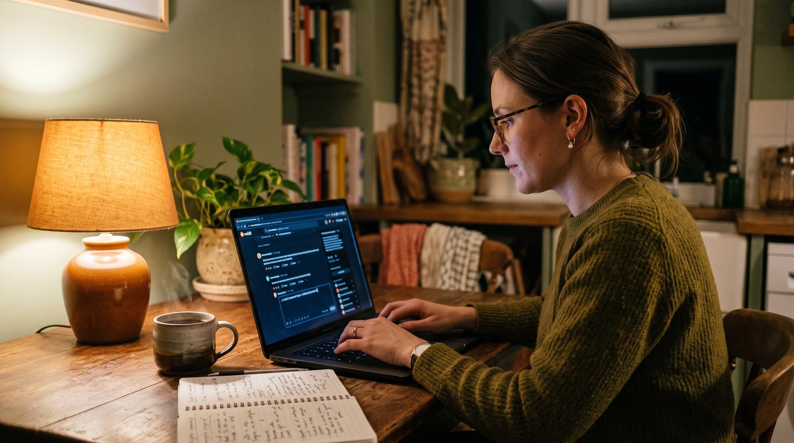 A marketer typing a detailed Reddit comment reply on a laptop at a kitchen table, soft evening lamp light, coffee mug beside the keyboard