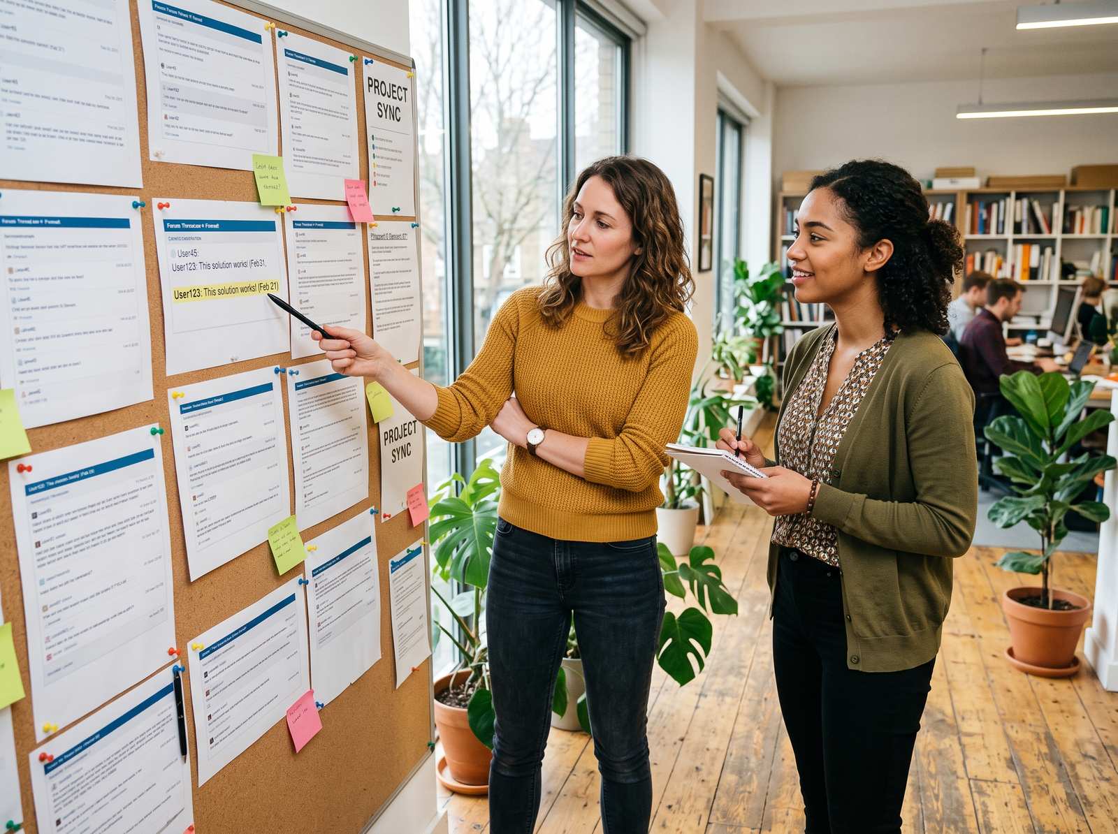 Two colleagues reviewing a wall of printed forum thread screenshots pinned to a corkboard in a daytime office, one pointing at a highlighted comment, bright natural light