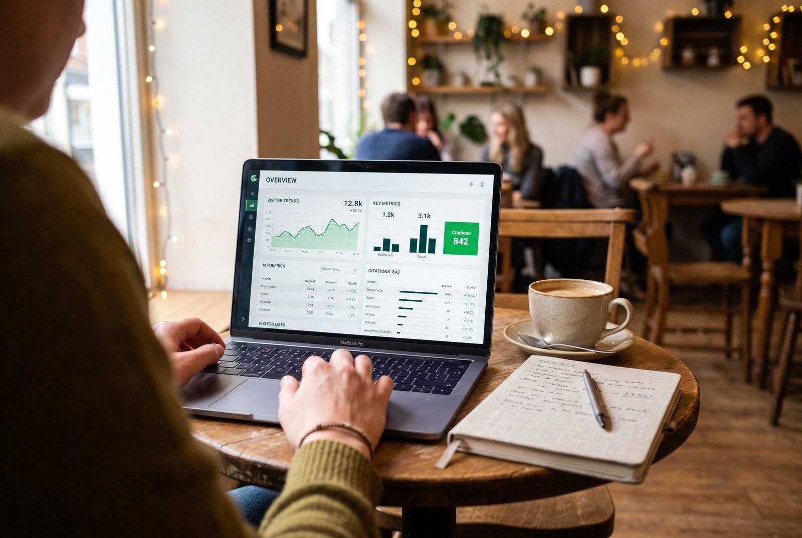Close-up over-the-shoulder view of hands scrolling through a white-labelled AI citation dashboard on a laptop in a coffee shop, warm daylight