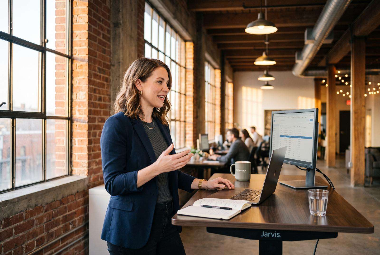 An agency account manager on a video call with a client at a standing desk in a converted warehouse office, late afternoon light through industrial windows