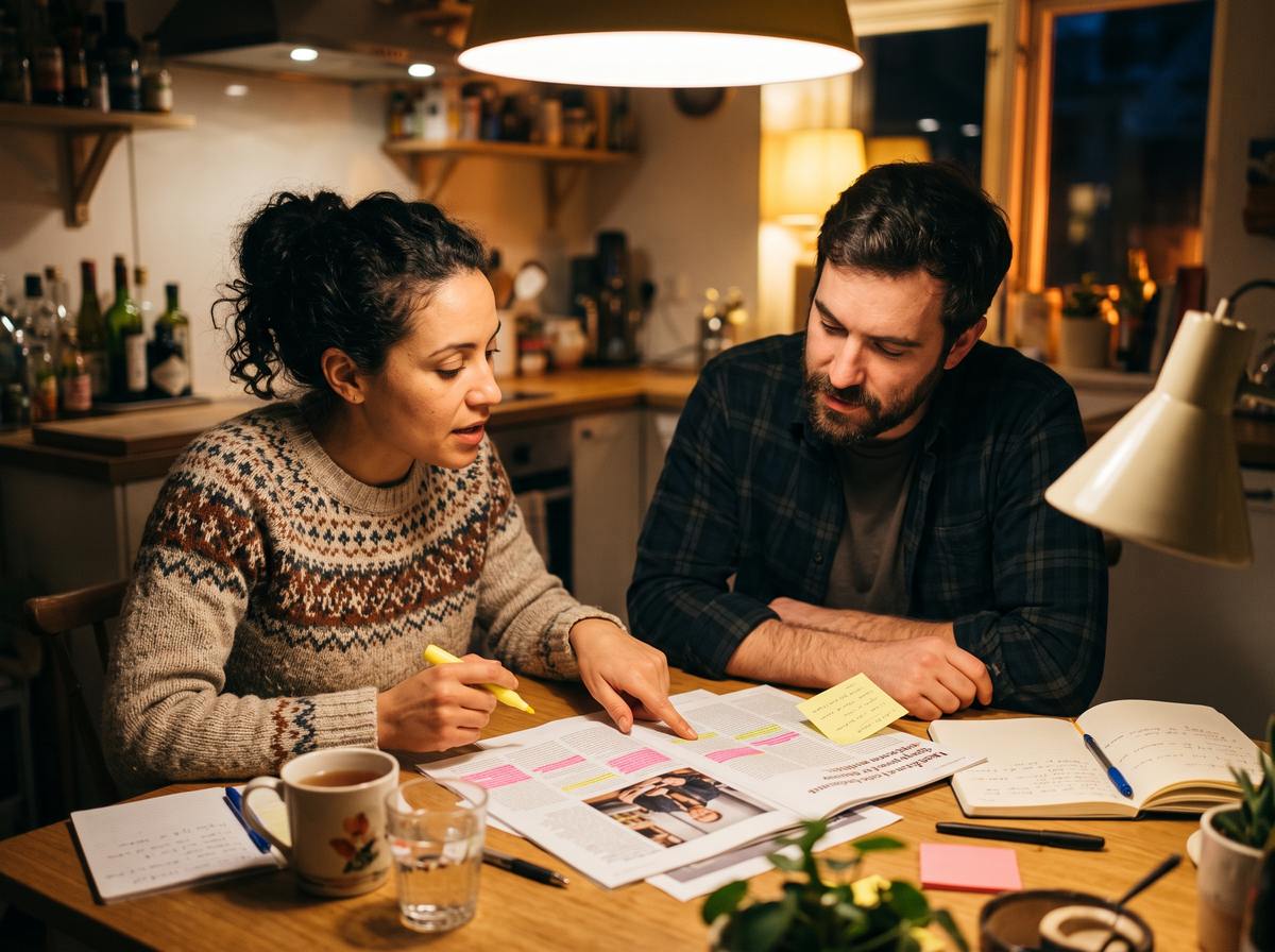 Two colleagues reviewing a printed article layout with highlighted paragraph blocks at a kitchen table in the evening, discussing a sticky note with a percentage on it