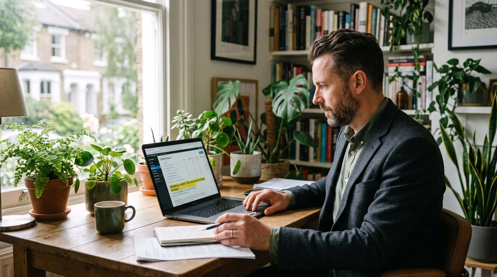 A marketing consultant reviewing a webpage citation report on a laptop at a wooden desk in a plant-filled home office, morning light through a window