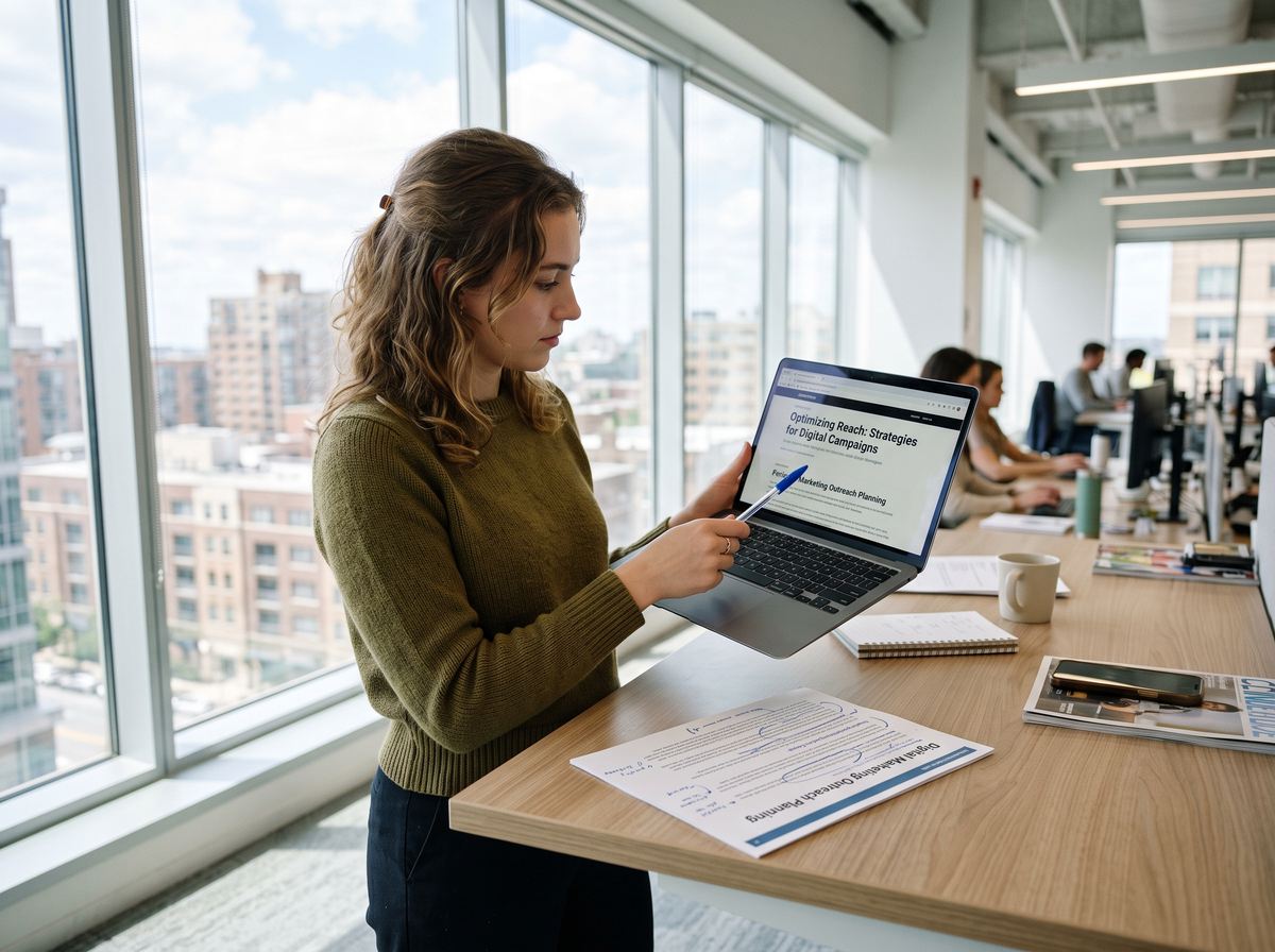 A marketer comparing two printed webpage headline mockups side by side on a standing desk in a bright open-plan office, pointing at the more specific headline